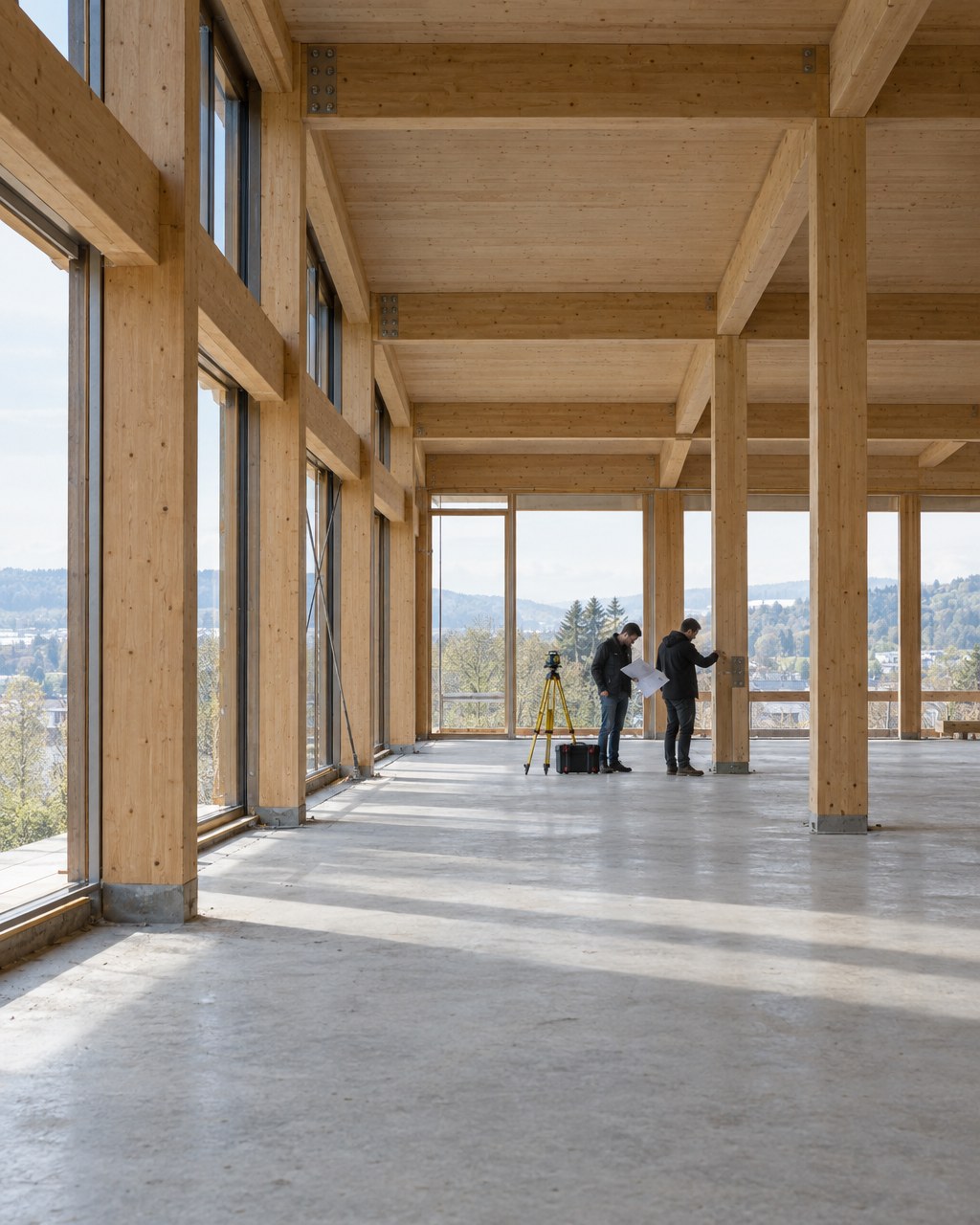 Engineers checking a detail against the plan inside a new timber-frame building
