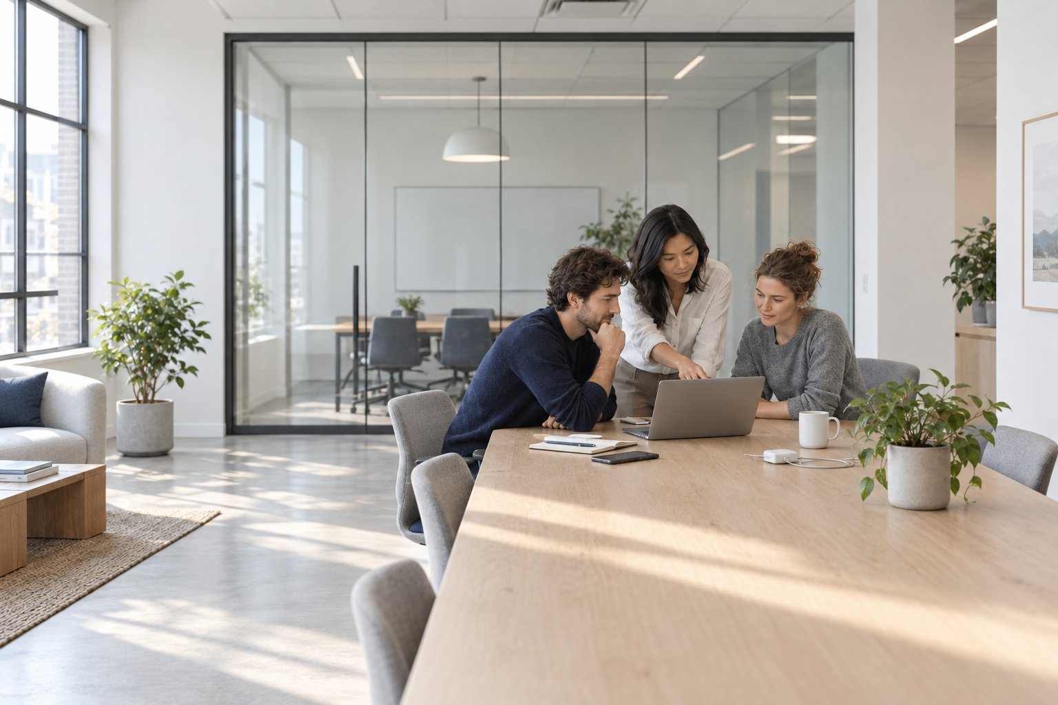 Three colleagues around a laptop in a light-filled IT services office