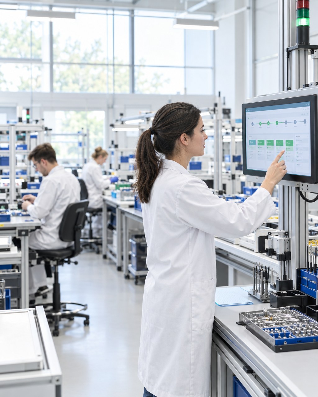An engineer checks a production step on software at a bright medical-device assembly line